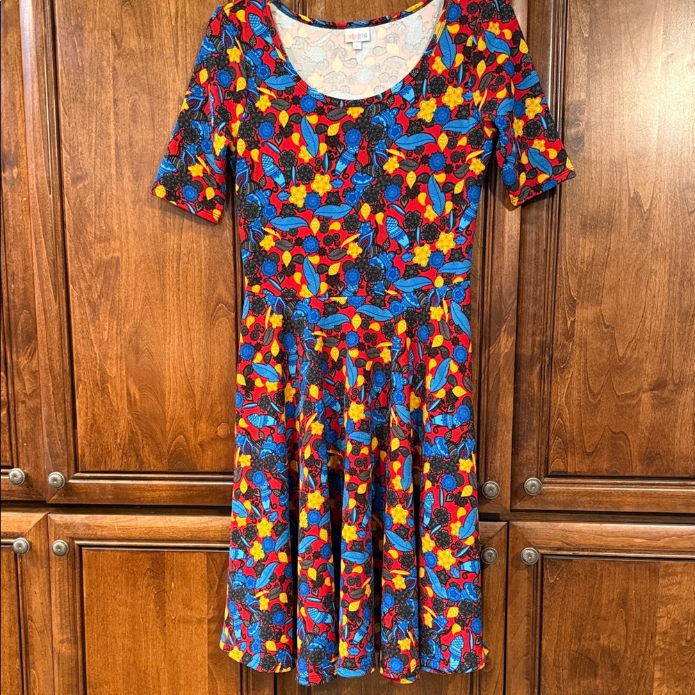 LuLaRoe Nicole Red, Yellow, Blue, and Black Patterned Dress